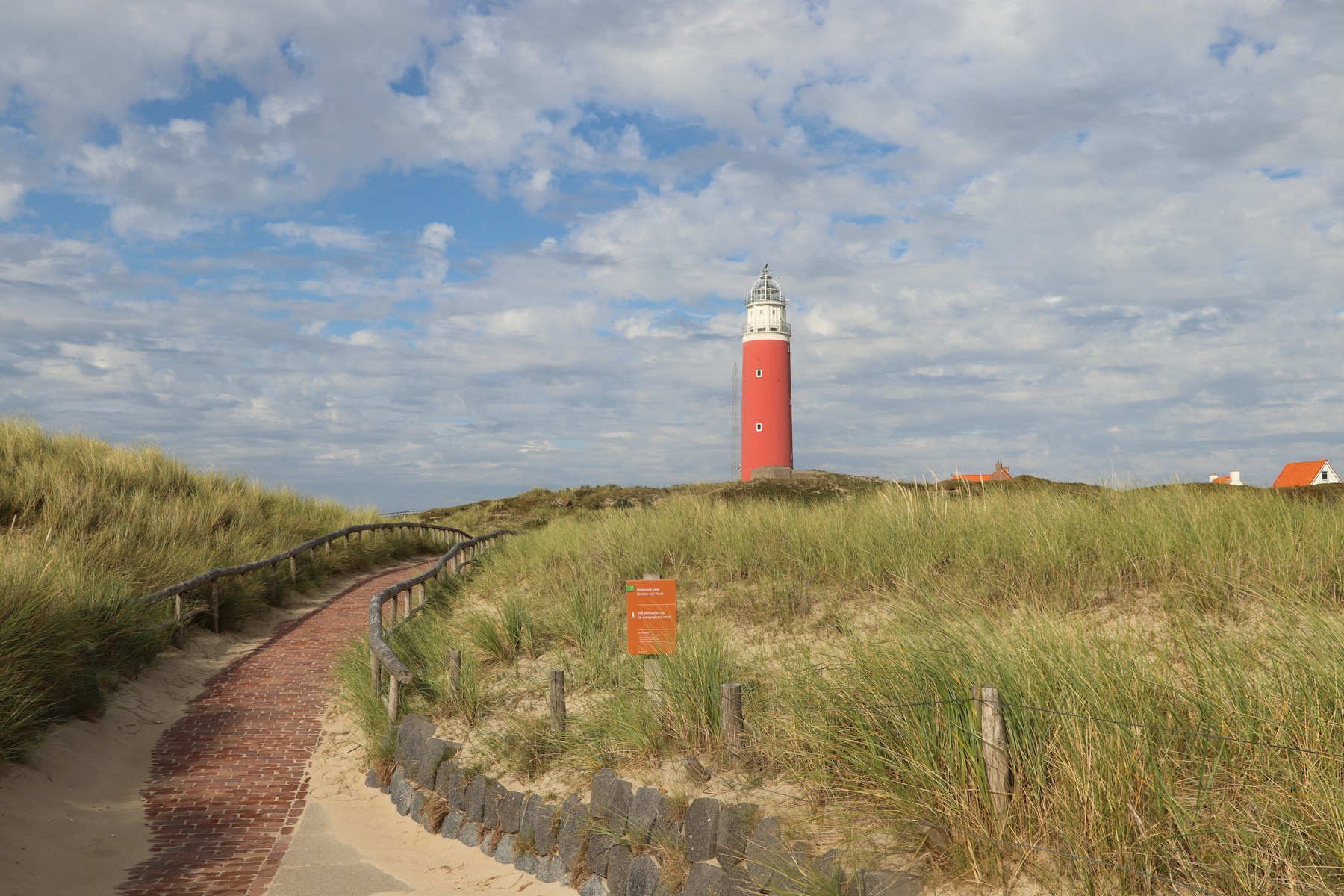 De rode vuurtoren van Texel tussen de duinen